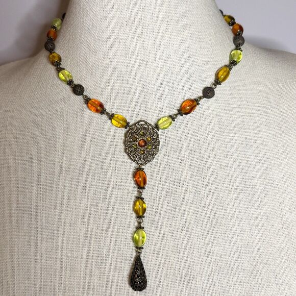 Napier NEW NOS Secret Garden Bohemian Y Drop Amber Glass Necklace 16” - Picture 1 of 10